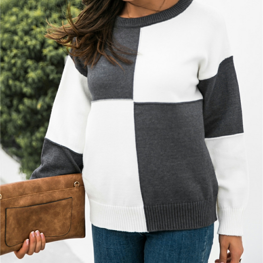Color Block Checkered Drop Shoulder Sweater
